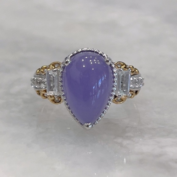 Burmese Purple Jade White Topaz 14K YG Sterling Silver Ring - Picture 4 of 12